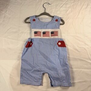 Abby & Evie Boys Plaid Romper Jon Jon Shortalls Embroidered Flags Size 18 Months